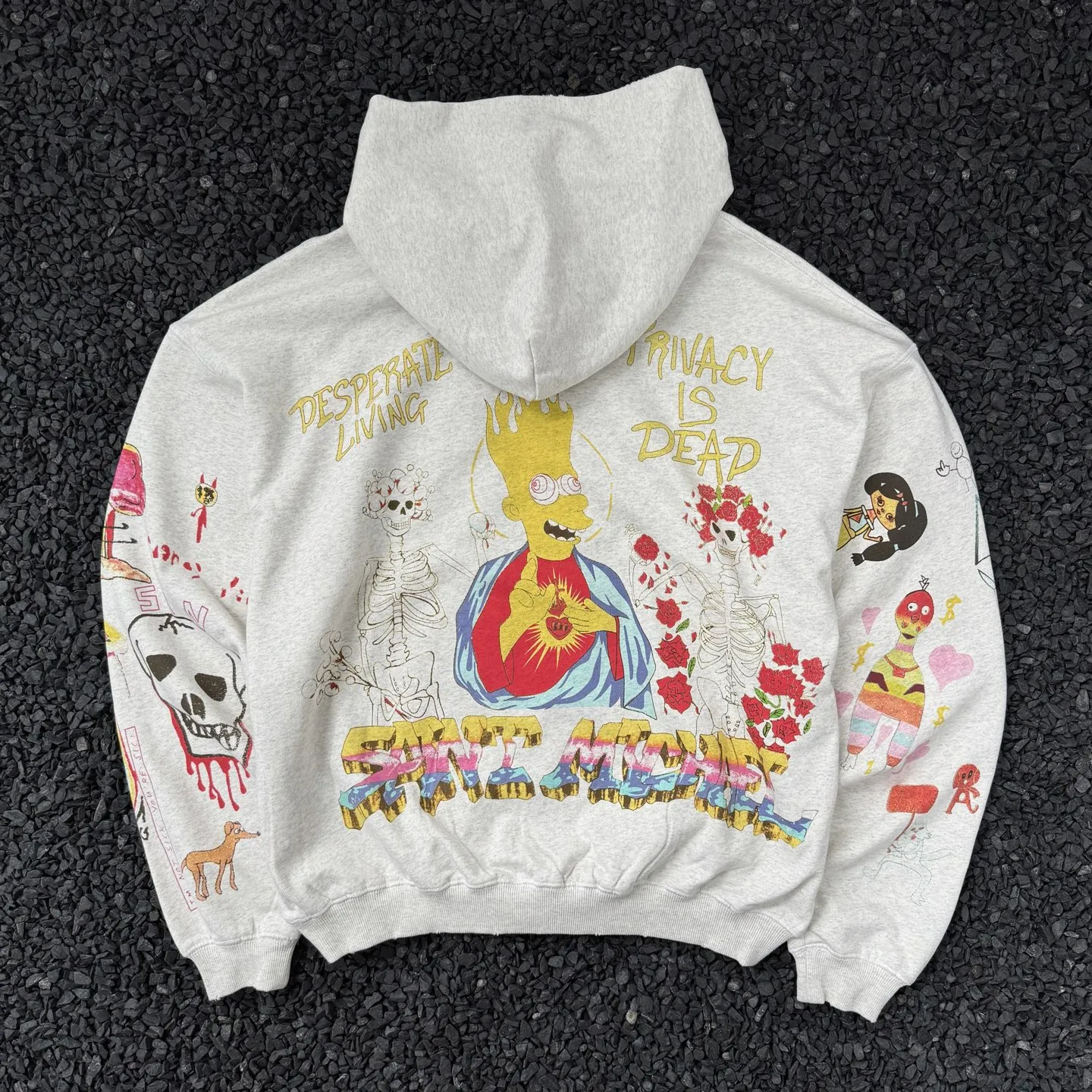 P268 # CHE-15 Saint Michael cho hand-painted graffiti Simpson Virgin printed all over the body American retro hooded sweatshirt washed and aged hand-damaged craftsmanship three-dimensional tailoring splicing complex stitching craftsmanship Size: S M L XL